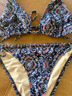 J.Crew Blue Paisley Print String Bikini Set | Halter Top & Tie-Side Bottoms